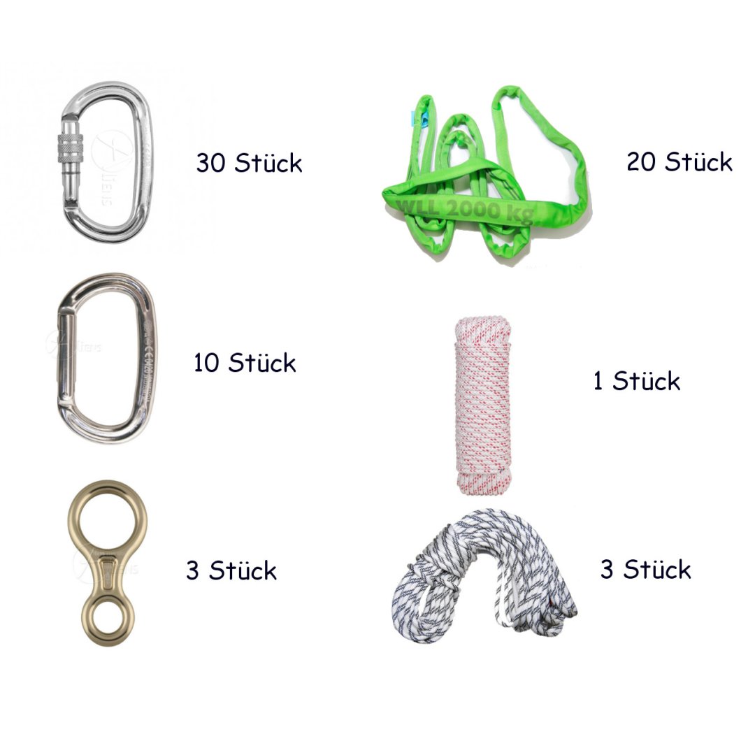 Startset voor de bouw van tijdelijke lage touwenparcoursen en touwbanen
