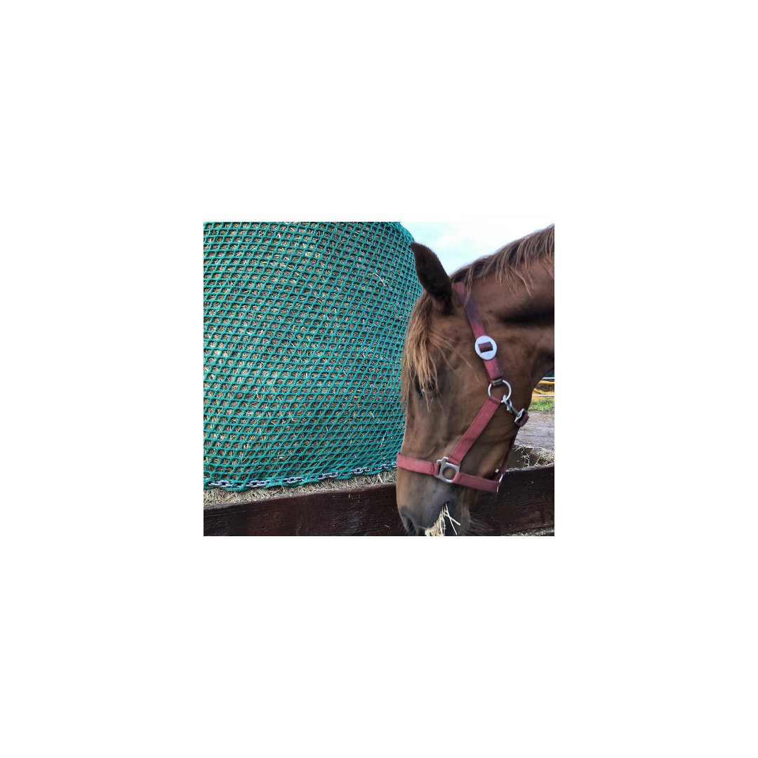Hay net for round bales, 150 cm diameter, height 120cm, Ø 5 mm twine, # 30 mm mesh size with PE-ring  incl. sand for ring filling