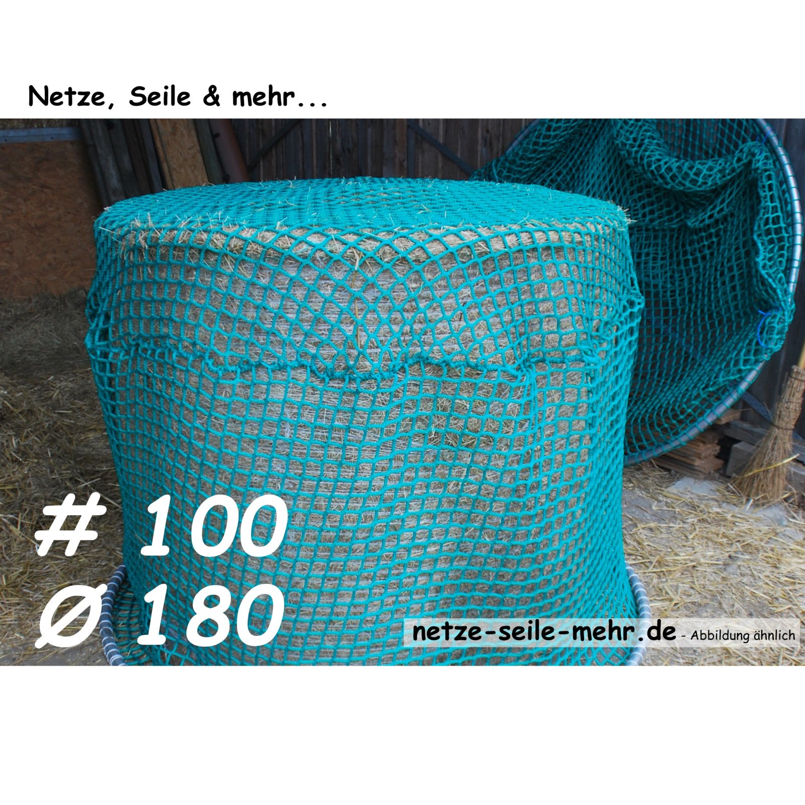 Filet à foin pour balles rondes, diamètre 180 cm, hauteur 120cm, Ø 5 mm de fil, # 100 mm de maille