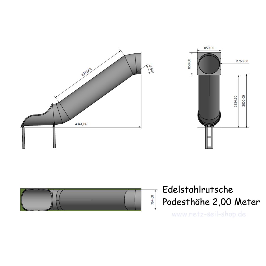 Edelstahl Röhren Rutsche -  gerade Ausführung 2,0 m