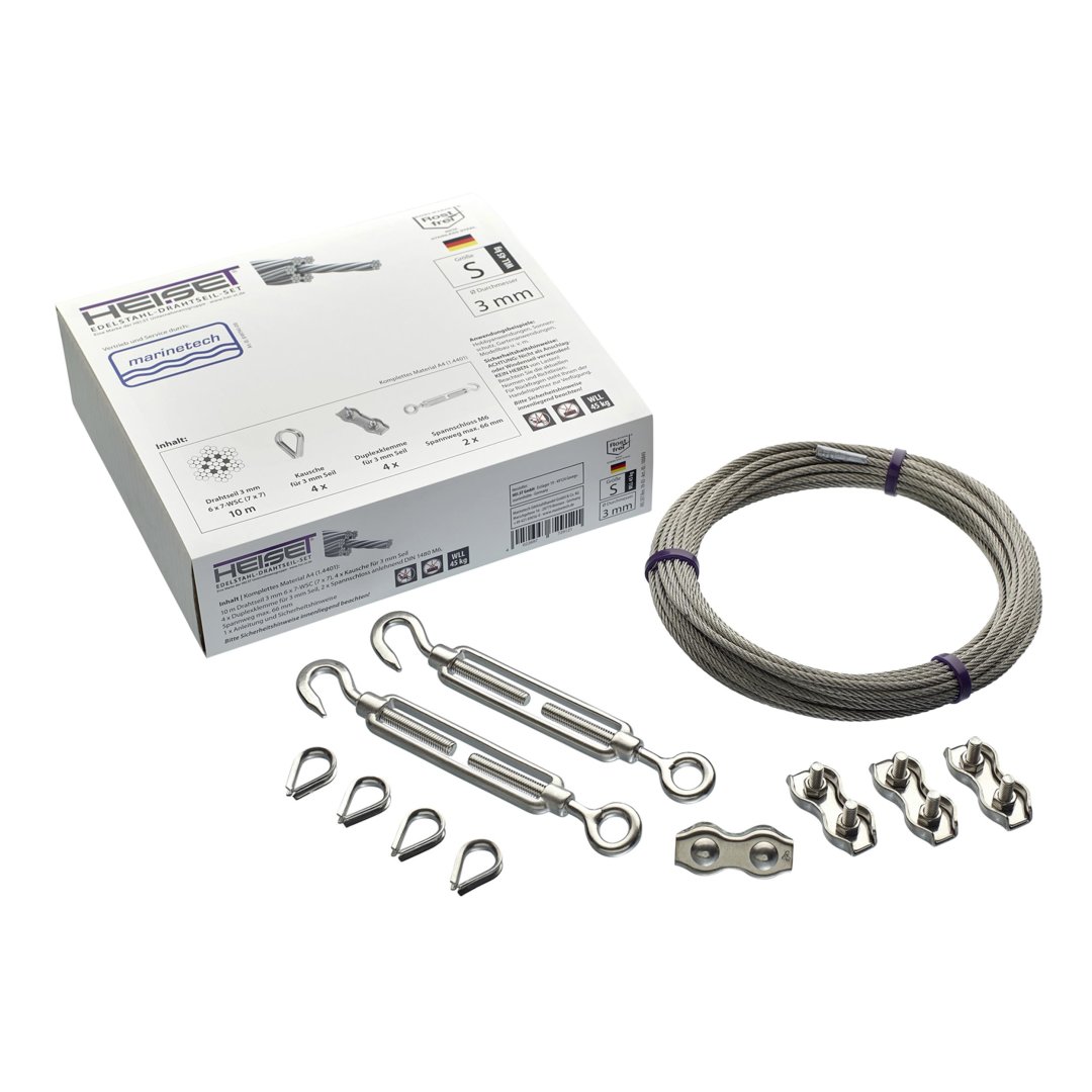 Wire rope set size S, 2mm 7x7 10m A4  4 thimbles, 4 duplex clips, 2 turnbuckles M4