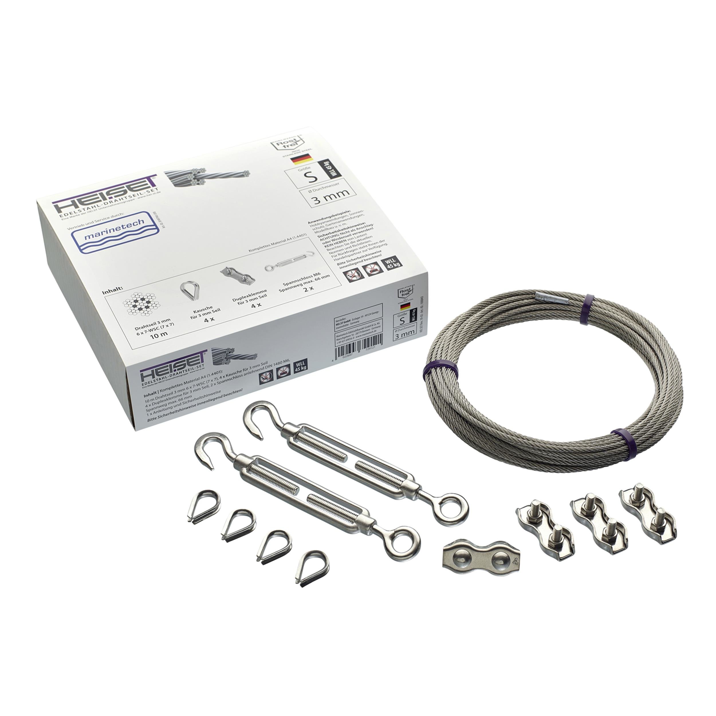 Drahtseil-Set Größe M, 3mm 7x7 25m A4  10 Kauschen, 10 Duplexkl., 5 Spannschlösser M6