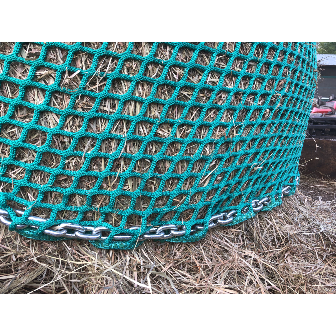 Heunetz für Rundballen, 170 cm Durchmesser, Höhe 120cm,  Ø 5 mm Garn, # 80 mm Maschenweite mit Kette am Netz befestigt