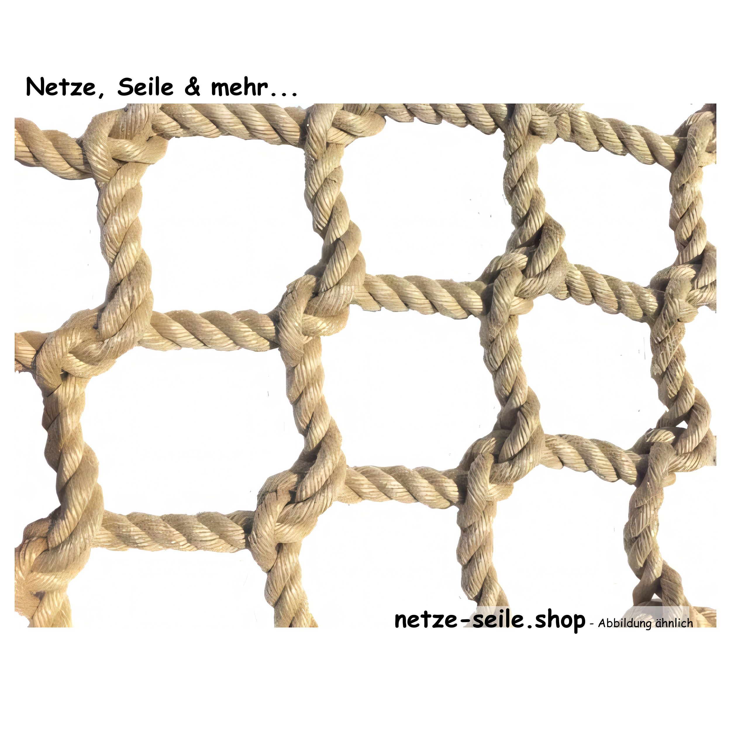 Climbing net made of Ø 16 mm PP spun fibre rope, # 100 mm mesh size, knots spliced by hand