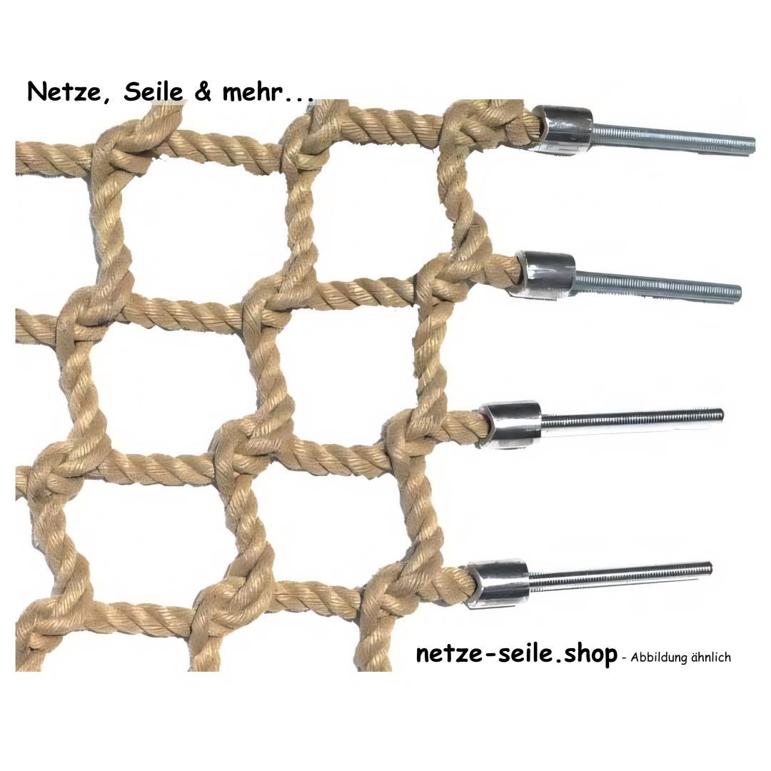Climbing net made of Ø 16 mm PP spun fibre rope, # 100 mm mesh size, knots spliced by hand
