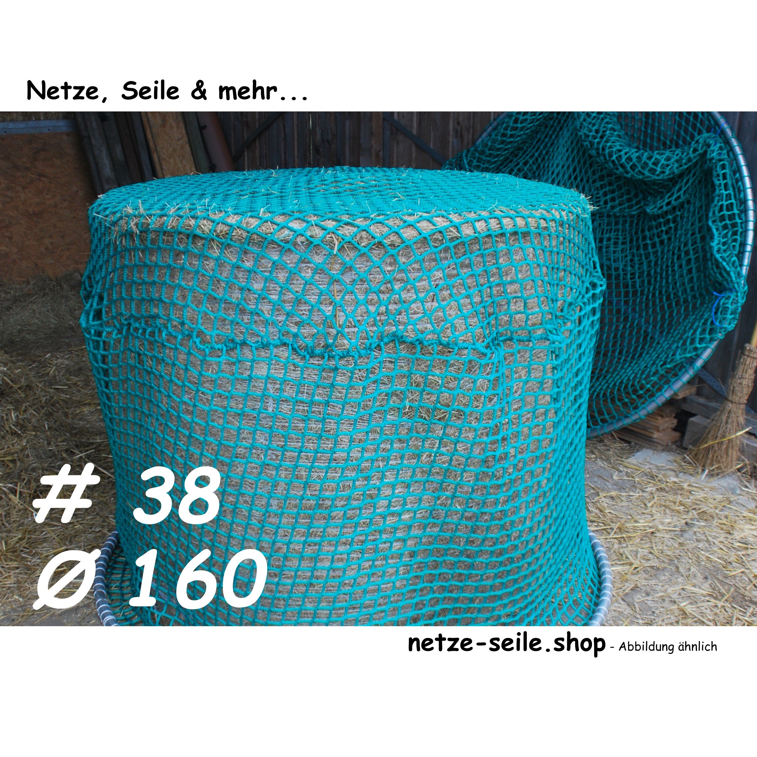 Heunetz für Rundballen, 160 cm Durchmesser, Höhe 120cm,  Ø 5 mm Garn, # 38 mm Maschenweite mit PE-Ring inkl. Sand für Ringbefüllung
