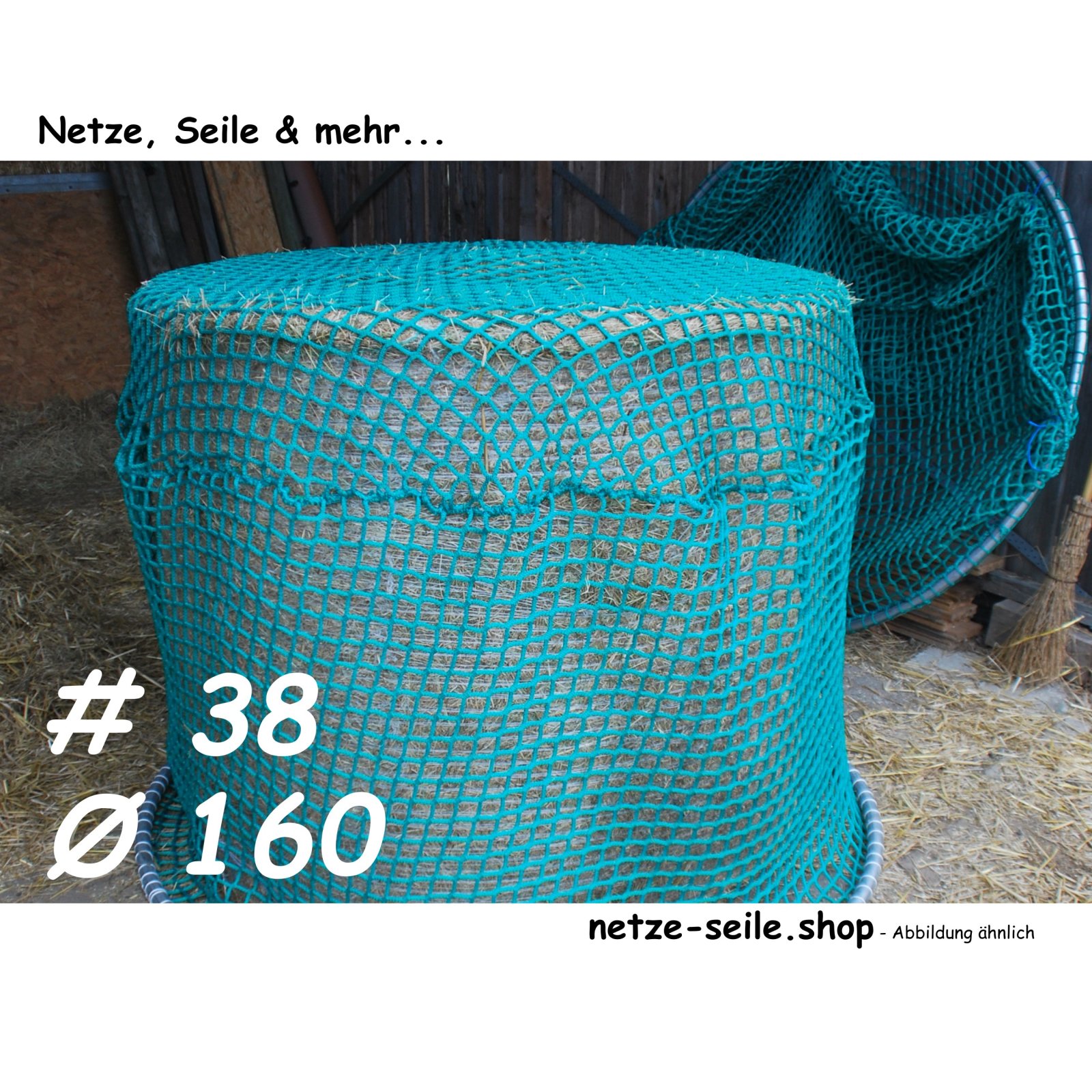 Heunetz für Rundballen, 160 cm Durchmesser, Höhe 120cm,  Ø 5 mm Garn, # 38 mm Maschenweite mit PE-Ring inkl. Sand für Ringbefüllung