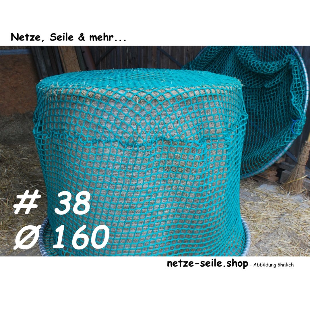 Heunetz für Rundballen, 160 cm Durchmesser, Höhe 120cm,  Ø 5 mm Garn, # 38 mm Maschenweite mit PE-Ring inkl. Sand für Ringbefüllung