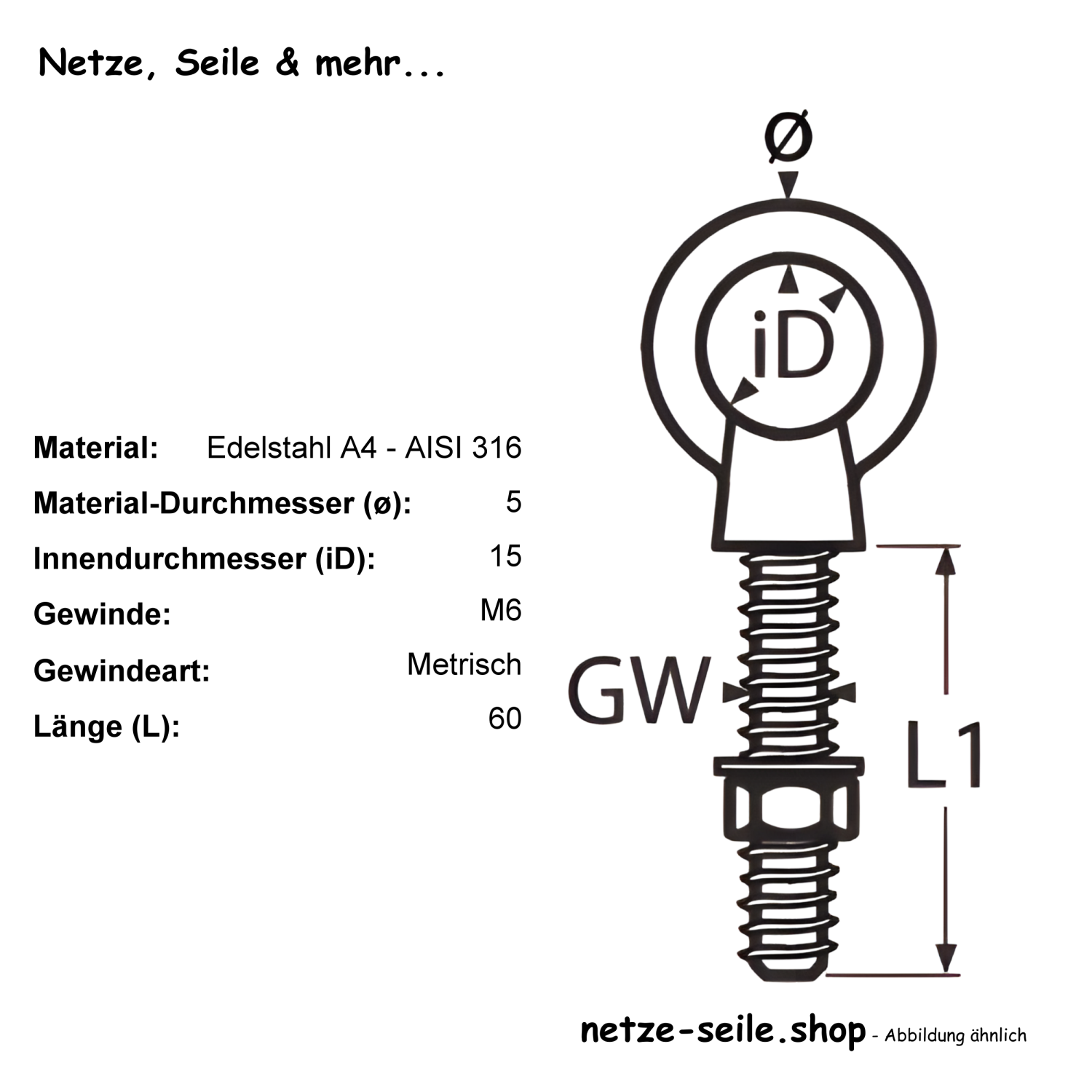 Boulon à œil métrique A4 M6x60mm [1,24 EUR]