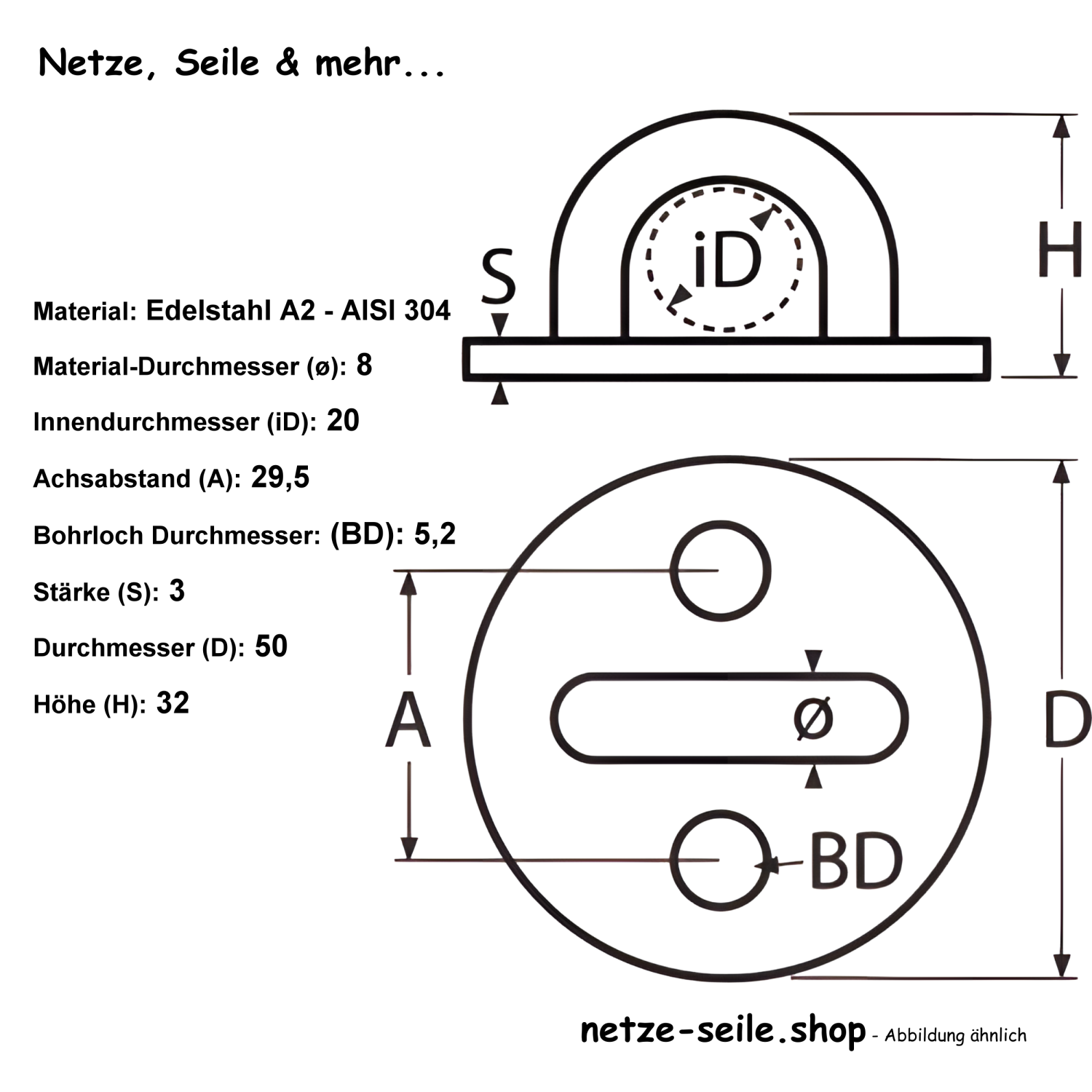 Augplatte rund A2 50mm, Bügel 8x20mm [2,01 EUR]