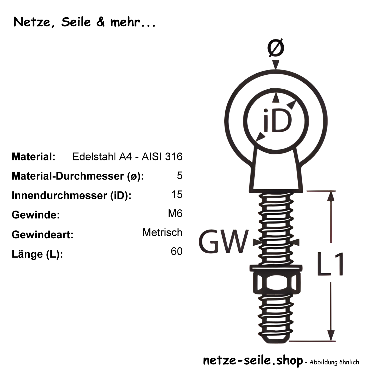 Eyebolt metric thread A4 M6x60mm [1,24 EUR]